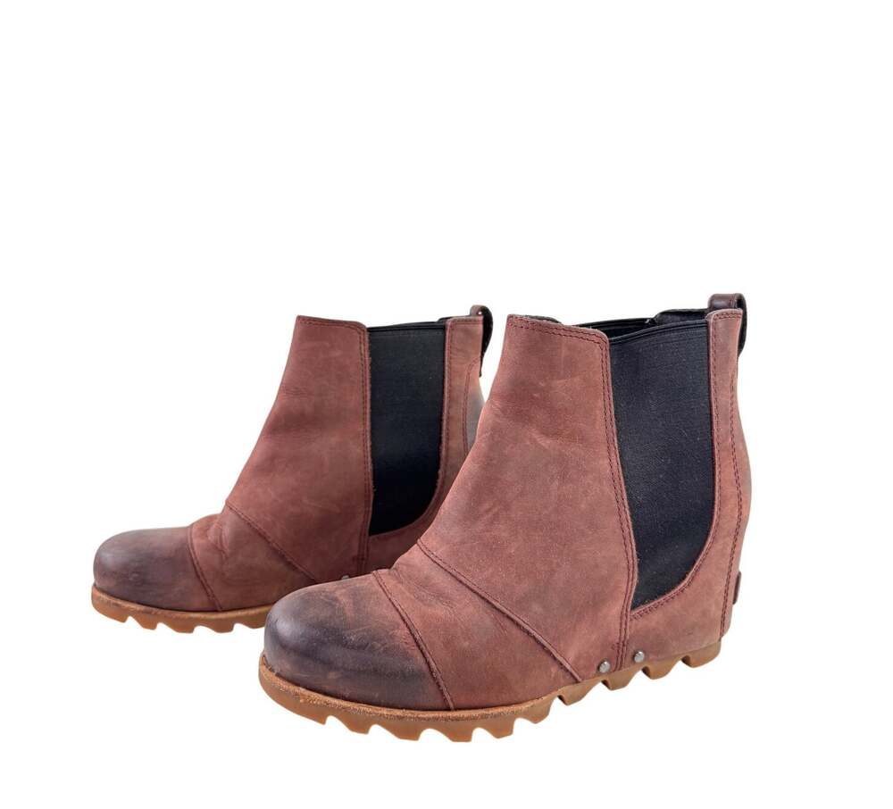 SOREL Lea Women's Wedge Booties 7.5 Brown Leather Ankle Chelsea Boot NL2704-628